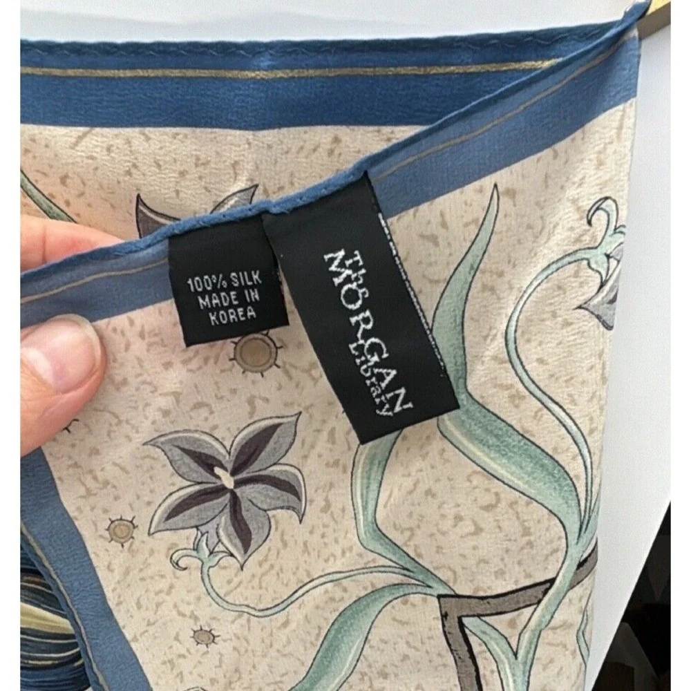 The Morgan Library 100% Silk Scarf Arts and Crafts Floral Blue Cream Square